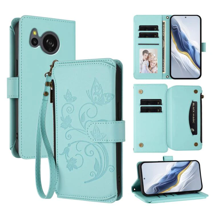 For Sharp Aquos Sense8 Butterfly Love Flower Multi-card Zipper Wallet Leather Phone Case(Mint Green)