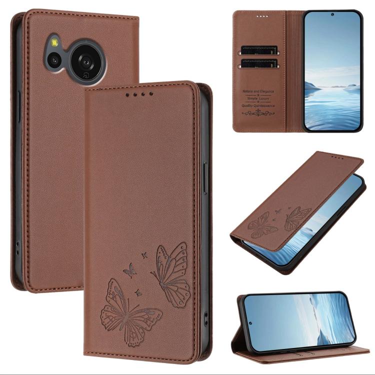 For Sharp Aquos sense8 SHG11 / SH-54D Strong Magnetic Dual Butterfly RFID Vegan Leather Phone Case(Brown)