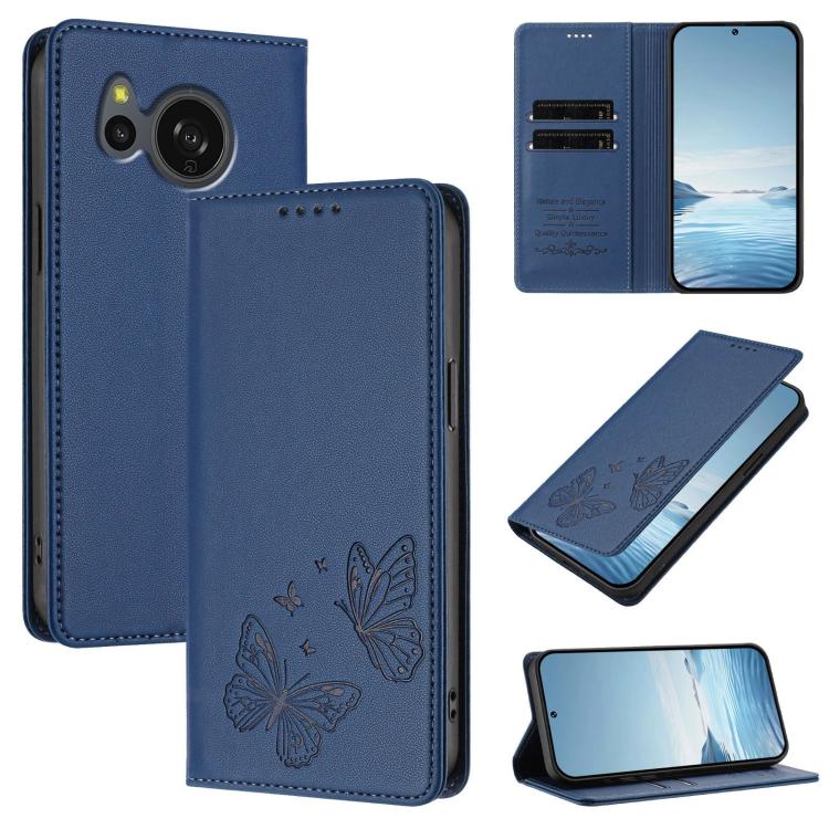 For Sharp Aquos sense8 SHG11 / SH-54D Strong Magnetic Dual Butterfly RFID Vegan Leather Phone Case(Dark Blue)