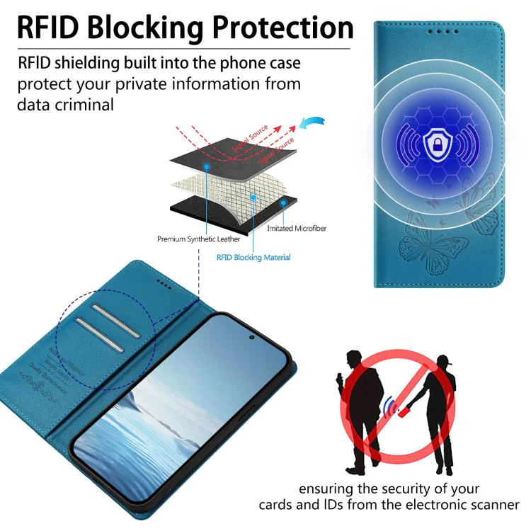 For Sharp Aquos sense8 SHG11 / SH-54D Strong Magnetic Dual Butterfly RFID Vegan Leather Phone Case(Lake Blue) - Image 4