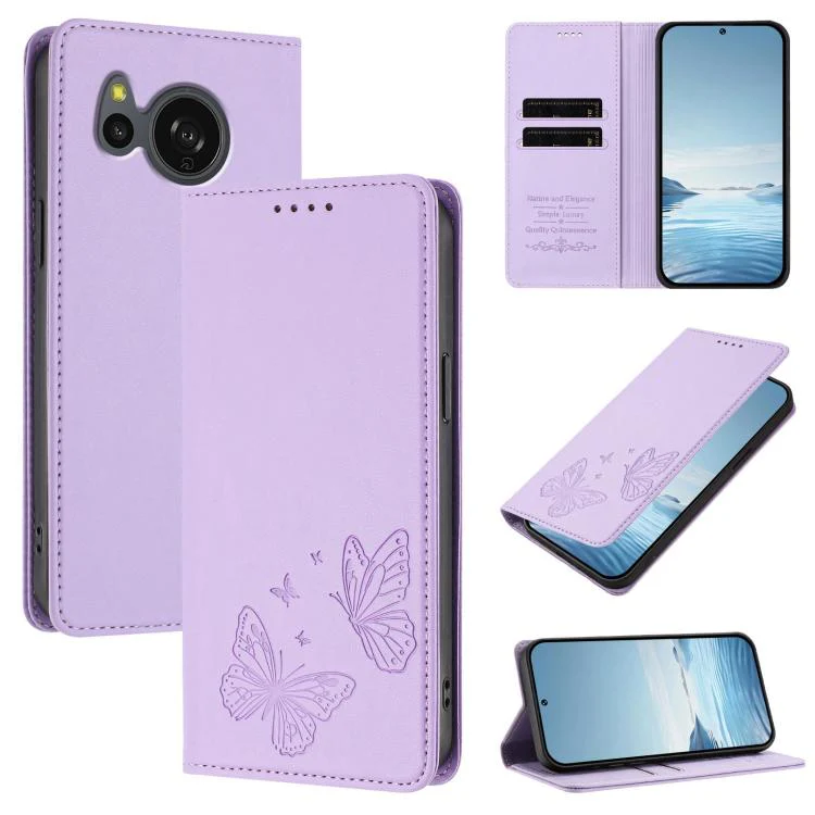 For Sharp Aquos sense8 SHG11 / SH-54D Strong Magnetic Dual Butterfly RFID Vegan Leather Phone Case(Light Purple)
