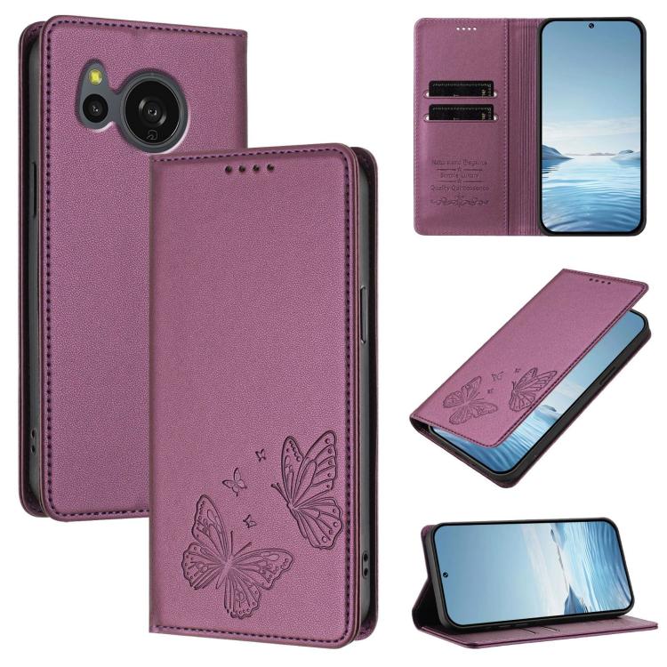For Sharp Aquos sense8 SHG11 / SH-54D Strong Magnetic Dual Butterfly RFID Vegan Leather Phone Case(Violet Purple)