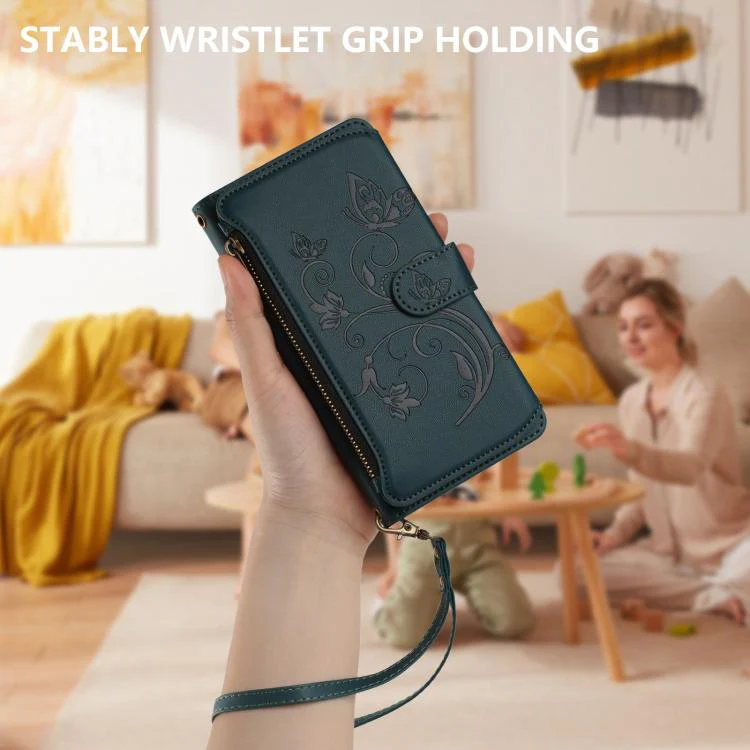 For Sharp Aquos wish3 Butterfly Love Flower Multi-card Zipper Wallet Leather Phone Case(Dark Green) - Image 6