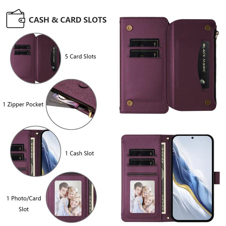 For Sharp Aquos wish3 Butterfly Love Flower Multi-card Zipper Wallet Leather Phone Case(Dark Purple) - Image 3