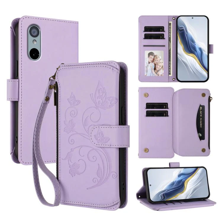 For Sharp Aquos wish3 Butterfly Love Flower Multi-card Zipper Wallet Leather Phone Case(Light Purple)