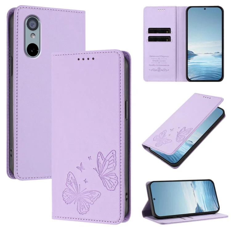 For Sharp Aquos wish3 Strong Magnetic Dual Butterfly RFID Vegan Leather Phone Case(Light Purple)