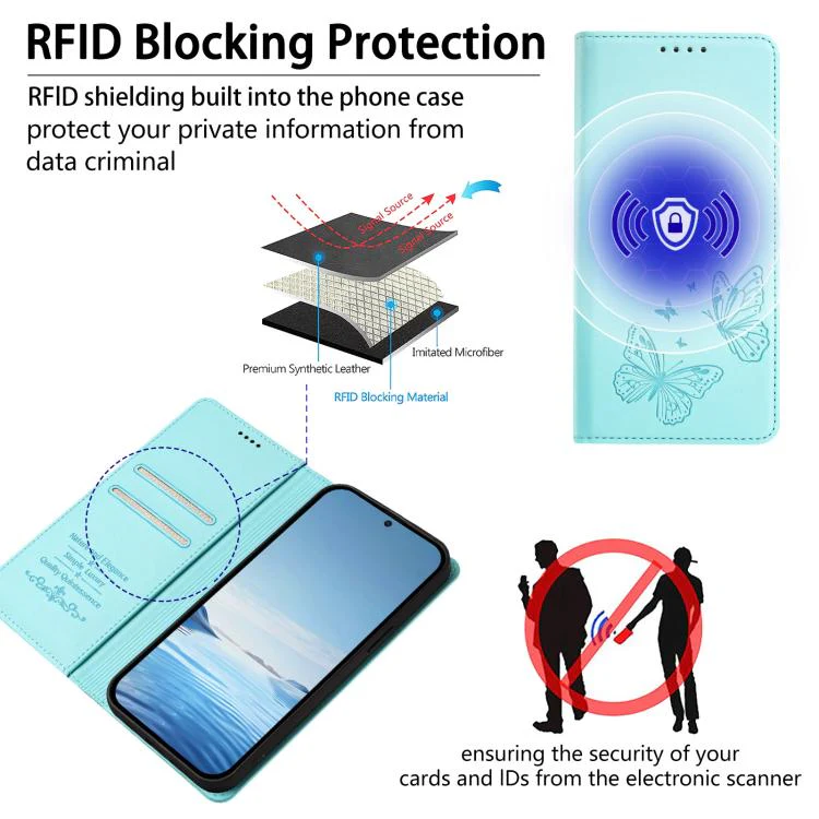 For Sharp Aquos wish3 Strong Magnetic Dual Butterfly RFID Vegan Leather Phone Case(Mint Green) - Image 4