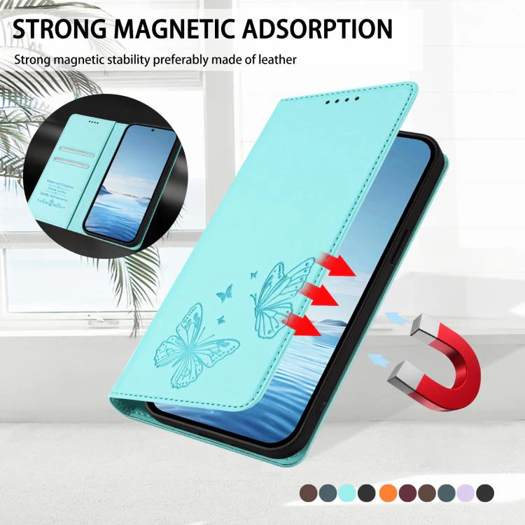 For Sharp Aquos wish3 Strong Magnetic Dual Butterfly RFID Vegan Leather Phone Case(Mint Green) - Image 5