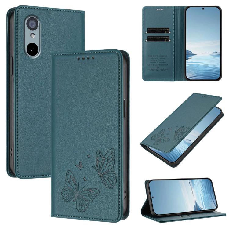 For Sharp Aquos wish3 Strong Magnetic Dual Butterfly RFID Vegan Leather Phone Case(Peacock Green)