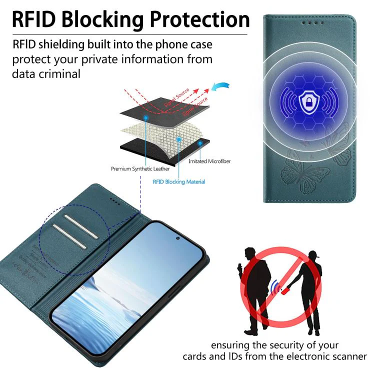 For Sharp Aquos wish3 Strong Magnetic Dual Butterfly RFID Vegan Leather Phone Case(Peacock Green) - Image 4