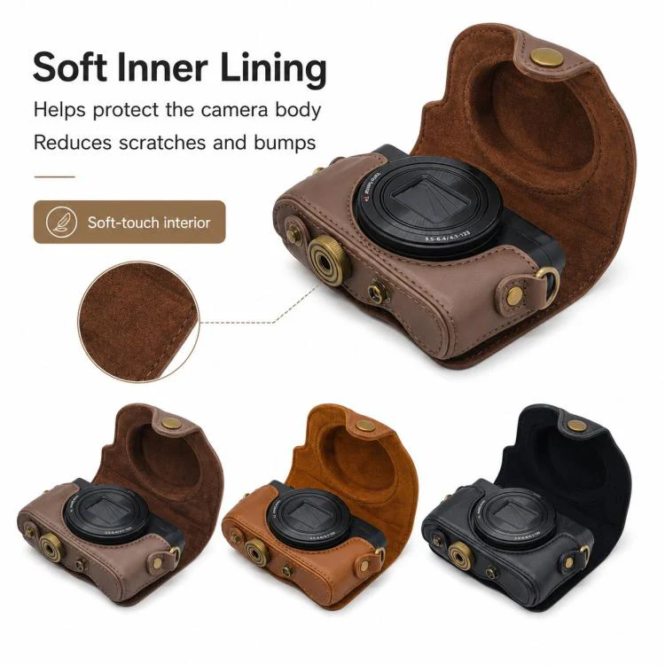 For Sony DSC-WX500 Full Body Retro Vegan Leather Camera Case Bag with Strap(Brown) - Image 5