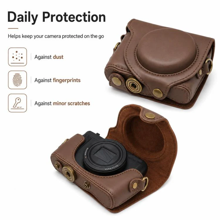 For Sony DSC-WX500 Full Body Retro Vegan Leather Camera Case Bag with Strap(Coffee) - Image 6