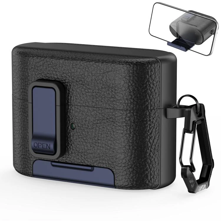For Sony WF-1000XM6 Leather Texture Wireless Earphones Case with Hook & Holder(Black Dark Blue)