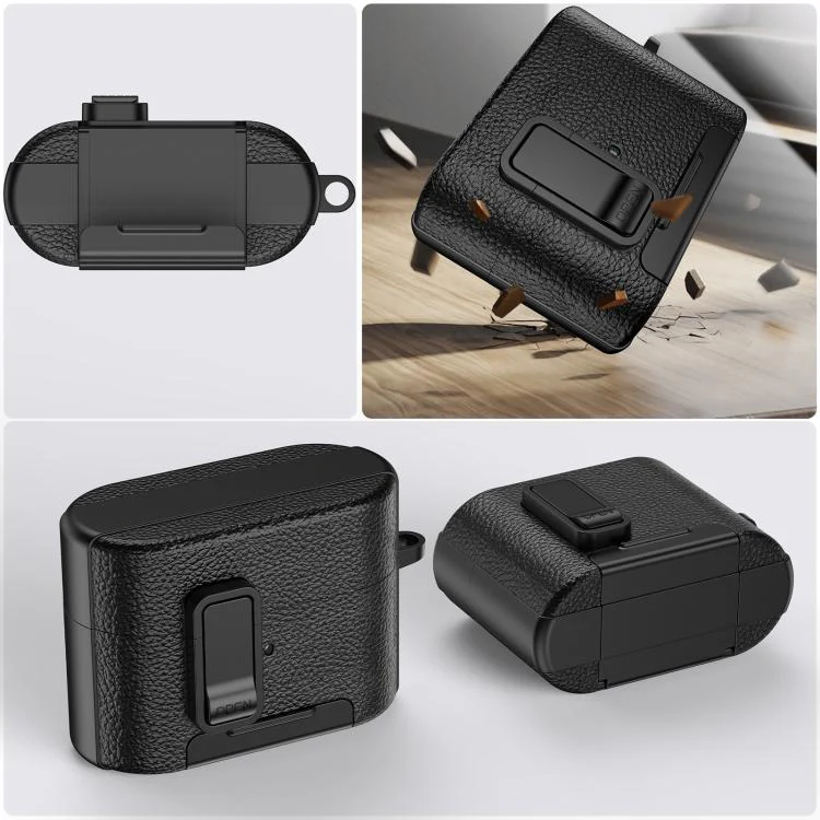For Sony WF-1000XM6 Leather Texture Wireless Earphones Case with Hook & Holder(Black Dark Blue) - Image 6