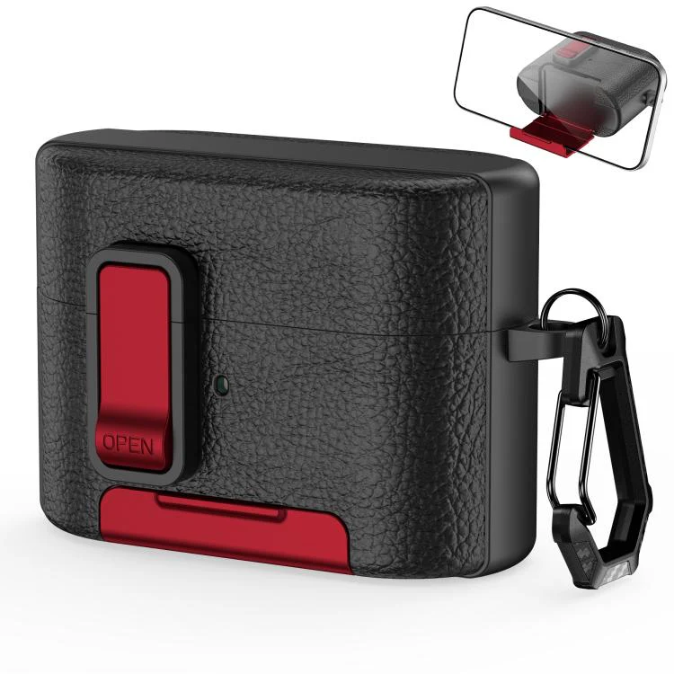 For Sony WF-1000XM6 Leather Texture Wireless Earphones Case with Hook & Holder(Black Red)
