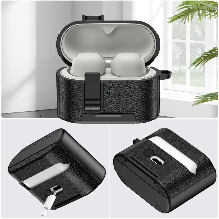 For Sony WF-1000XM6 Leather Texture Wireless Earphones Case with Hook & Holder(Black Red) - Image 5