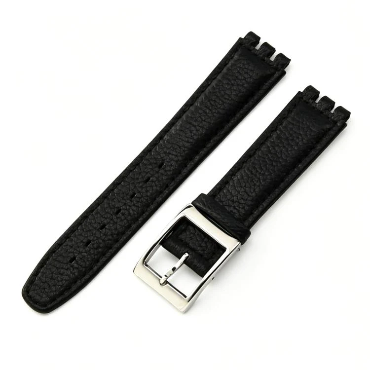 For Swatch 17mm xDfind Convex Mouth Steel-colored Buckle Litchi Texture Genuine Leather Watch Band(Black)