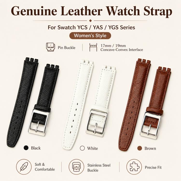 For Swatch 17mm xDfind Convex Mouth Steel-colored Buckle Litchi Texture Genuine Leather Watch Band(Black) - Image 3
