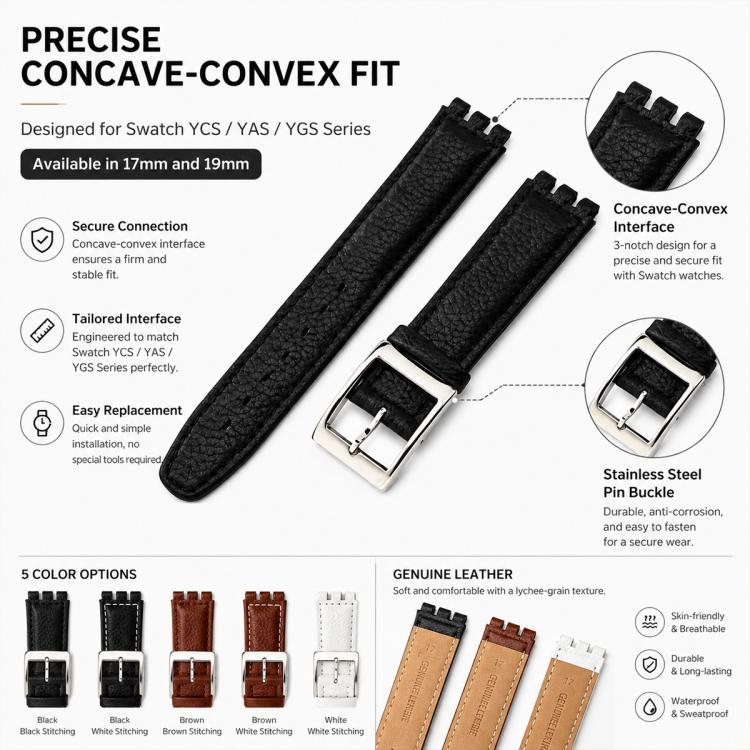 For Swatch 17mm xDfind Convex Mouth Steel-colored Buckle Litchi Texture Genuine Leather Watch Band(Black) - Image 4