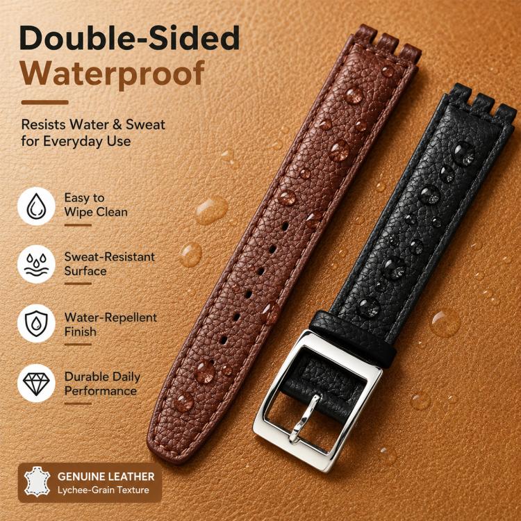 For Swatch 17mm xDfind Convex Mouth Steel-colored Buckle Litchi Texture Genuine Leather Watch Band(Black) - Image 6