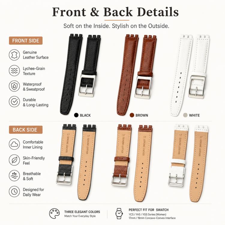 For Swatch 17mm xDfind Convex Mouth Steel-colored Buckle Litchi Texture Genuine Leather Watch Band(Black) - Image 7