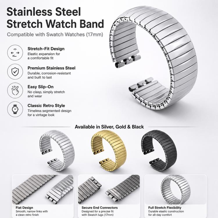 For Swatch 17mm xDfind Trapezoid Stainless Steel Spring Elasticity Watch Band(Gold) - Image 3