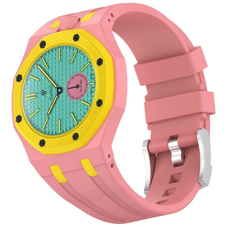 For Swatch Royal Pop Integrated Stainless Steel Pin Buckle Contrast Color Silicone Watch Band(Pink Yellow)