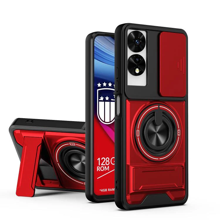For TCL 505 4G Lens Sliding Window Multifunctional Magnetic Shockproof Phone Case(Red)