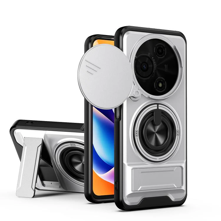 For TCL 605 4G Lens Sliding Window Multifunctional Magnetic Shockproof Phone Case(Titanium Gray)
