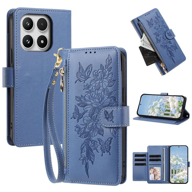 For Xiaomi 17 5G Butterfly Flower Zipper Wallet Vegan Leather Phone Case with Strap(Dark Blue)