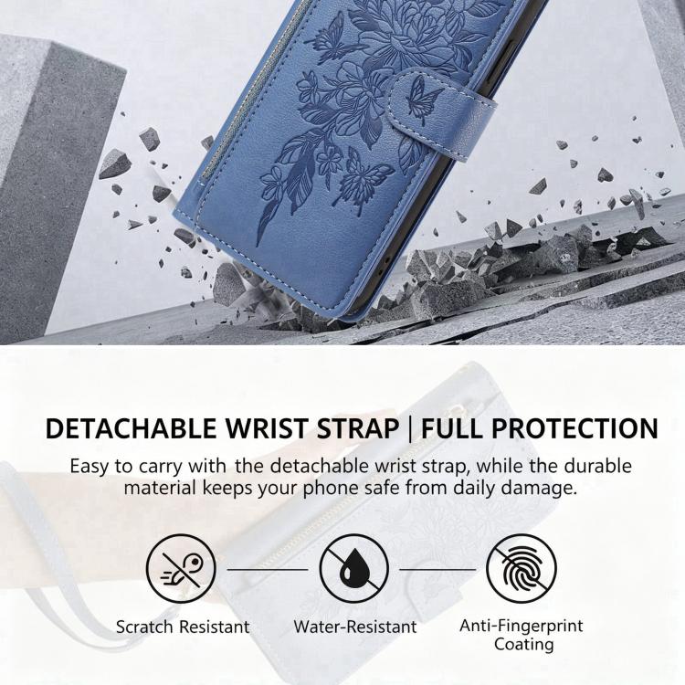For Xiaomi 17 5G Butterfly Flower Zipper Wallet Vegan Leather Phone Case with Strap(Dark Blue) - Image 4