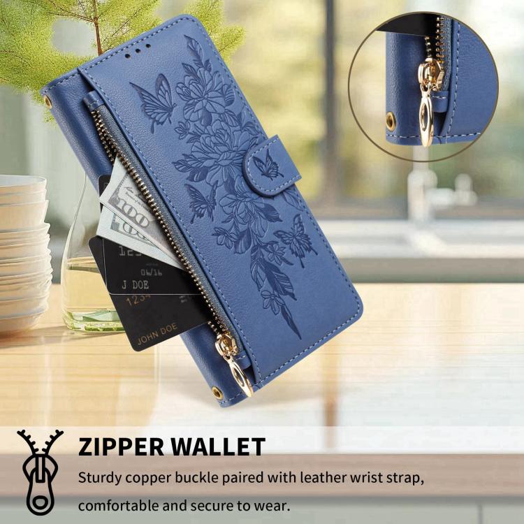 For Xiaomi 17 5G Butterfly Flower Zipper Wallet Vegan Leather Phone Case with Strap(Dark Blue) - Image 6