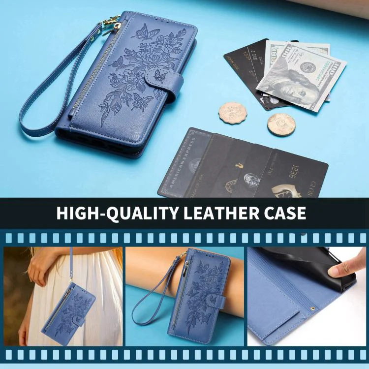 For Xiaomi 17 5G Butterfly Flower Zipper Wallet Vegan Leather Phone Case with Strap(Dark Blue) - Image 8