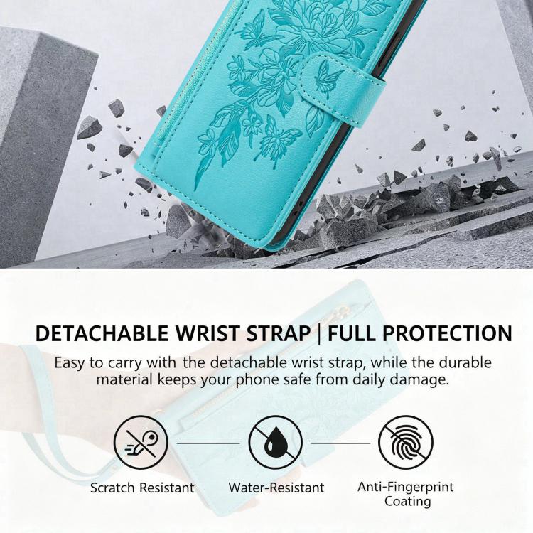 For Xiaomi 17 5G Butterfly Flower Zipper Wallet Vegan Leather Phone Case with Strap(Lake Blue) - Image 4