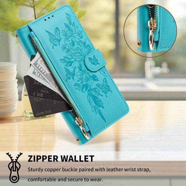For Xiaomi 17 5G Butterfly Flower Zipper Wallet Vegan Leather Phone Case with Strap(Lake Blue) - Image 6