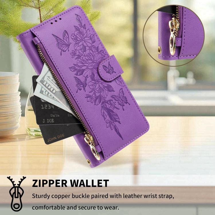 For Xiaomi 17 5G Butterfly Flower Zipper Wallet Vegan Leather Phone Case with Strap(Purple) - Image 6
