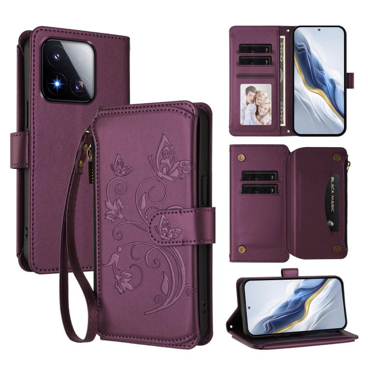 For Xiaomi 17 Max 5G Butterfly Love Flower Multi-card Zipper Wallet Leather Phone Case(Dark Purple)