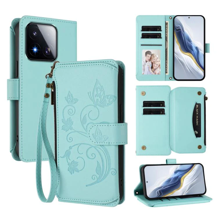 For Xiaomi 17 Max 5G Butterfly Love Flower Multi-card Zipper Wallet Leather Phone Case(Mint Green)