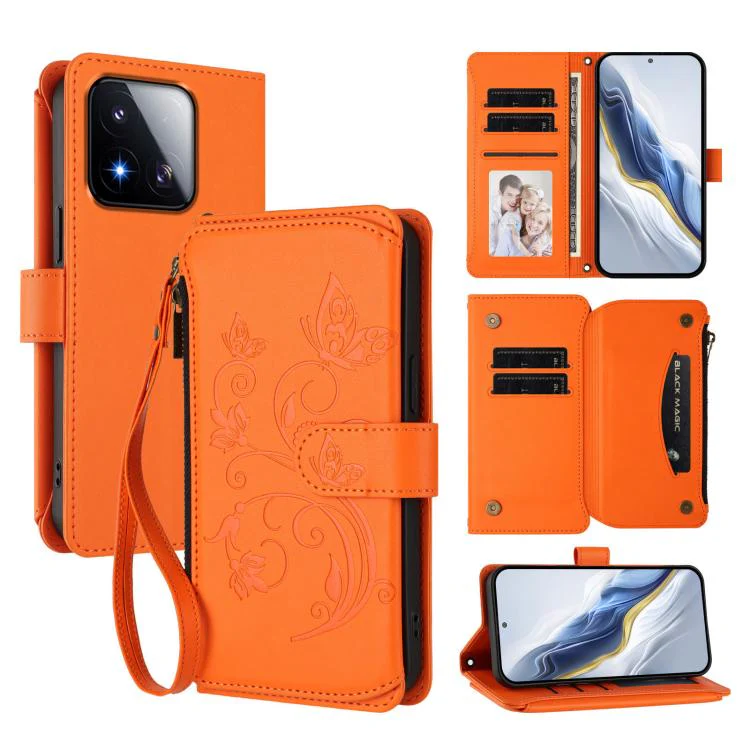 For Xiaomi 17 Max 5G Butterfly Love Flower Multi-card Zipper Wallet Leather Phone Case(Orange)