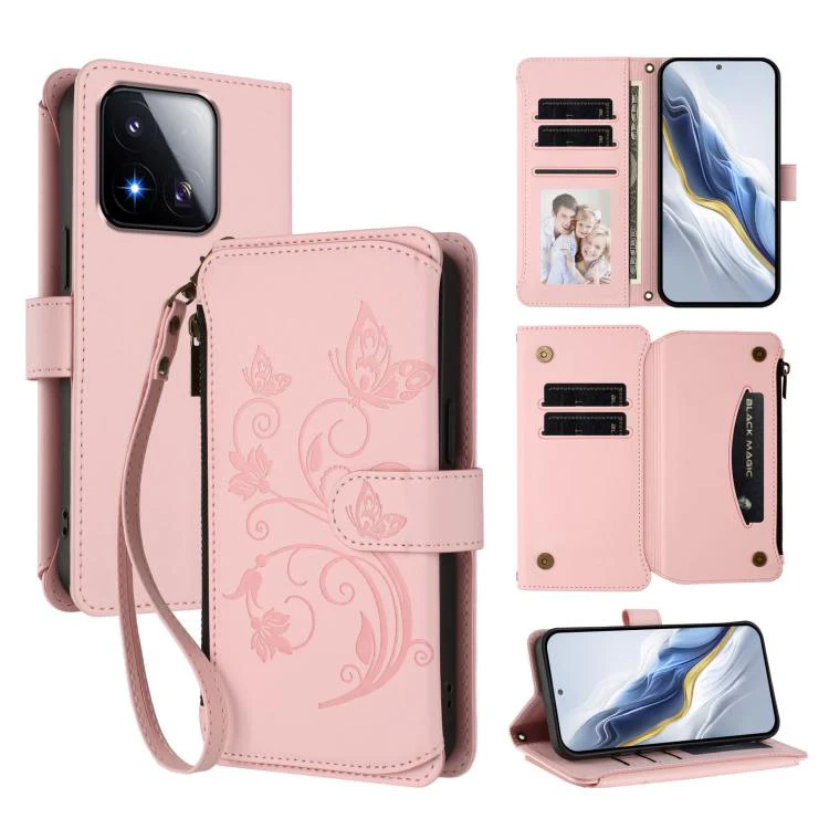 For Xiaomi 17 Max 5G Butterfly Love Flower Multi-card Zipper Wallet Leather Phone Case(Pink)
