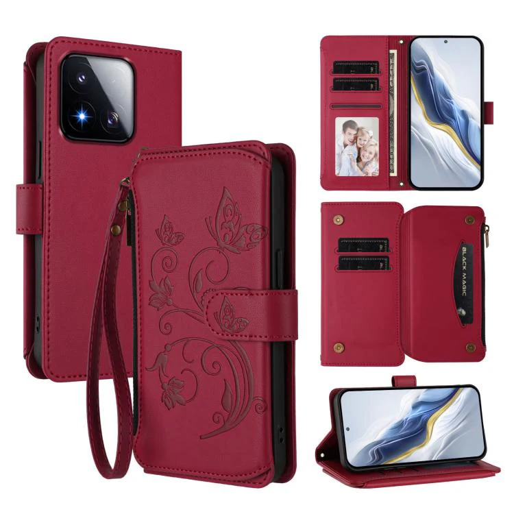 For Xiaomi 17 Max 5G Butterfly Love Flower Multi-card Zipper Wallet Leather Phone Case(Wine Red)