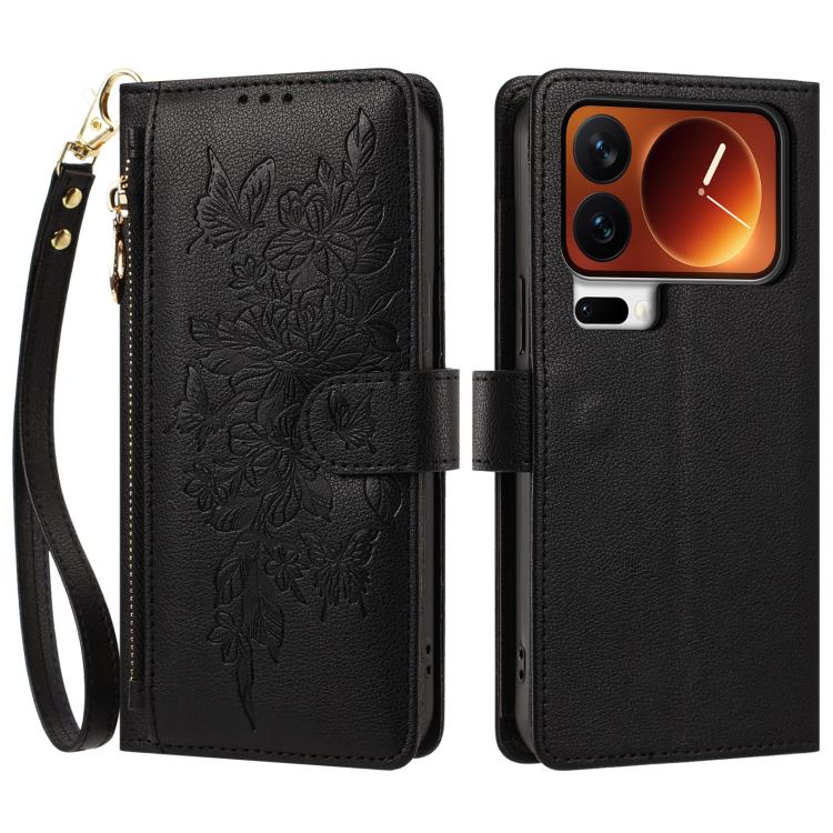 For Xiaomi 17 Pro 5G Butterfly Flower Zipper Wallet Vegan Leather Phone Case with Strap(Black) - Image 2