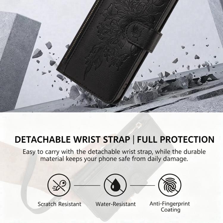 For Xiaomi 17 Pro 5G Butterfly Flower Zipper Wallet Vegan Leather Phone Case with Strap(Black) - Image 4