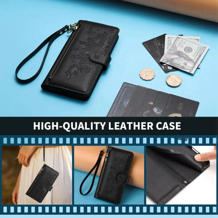 For Xiaomi 17 Pro 5G Butterfly Flower Zipper Wallet Vegan Leather Phone Case with Strap(Black) - Image 8