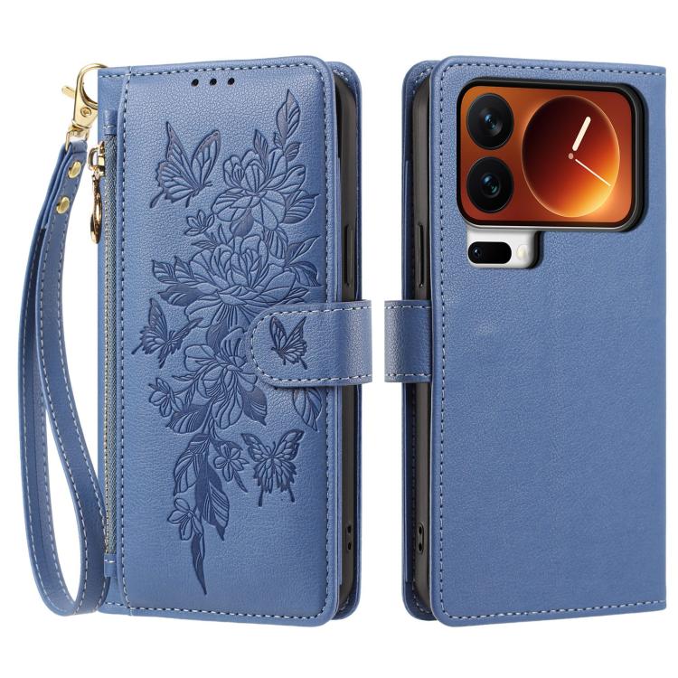 For Xiaomi 17 Pro 5G Butterfly Flower Zipper Wallet Vegan Leather Phone Case with Strap(Dark Blue) - Image 2