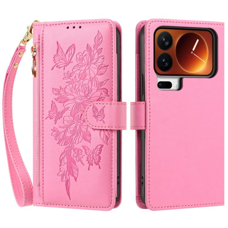For Xiaomi 17 Pro 5G Butterfly Flower Zipper Wallet Vegan Leather Phone Case with Strap(Pink) - Image 2