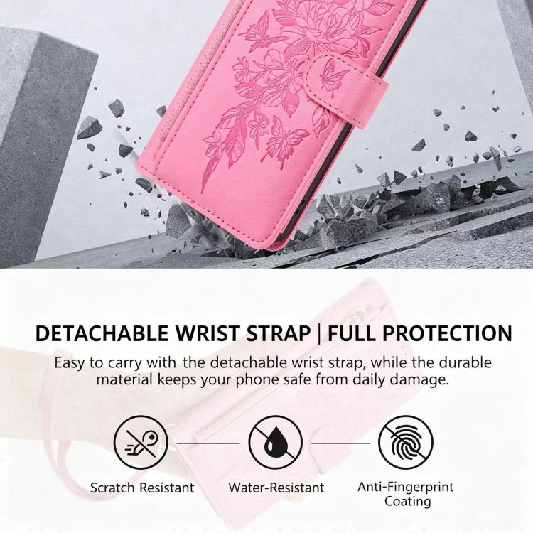 For Xiaomi 17 Pro 5G Butterfly Flower Zipper Wallet Vegan Leather Phone Case with Strap(Pink) - Image 4