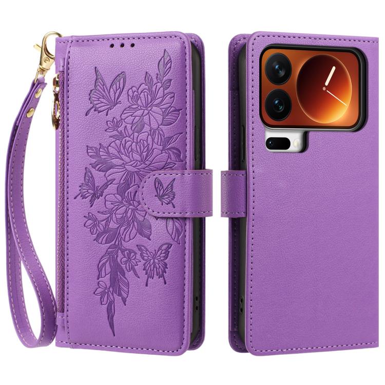 For Xiaomi 17 Pro 5G Butterfly Flower Zipper Wallet Vegan Leather Phone Case with Strap(Purple) - Image 2