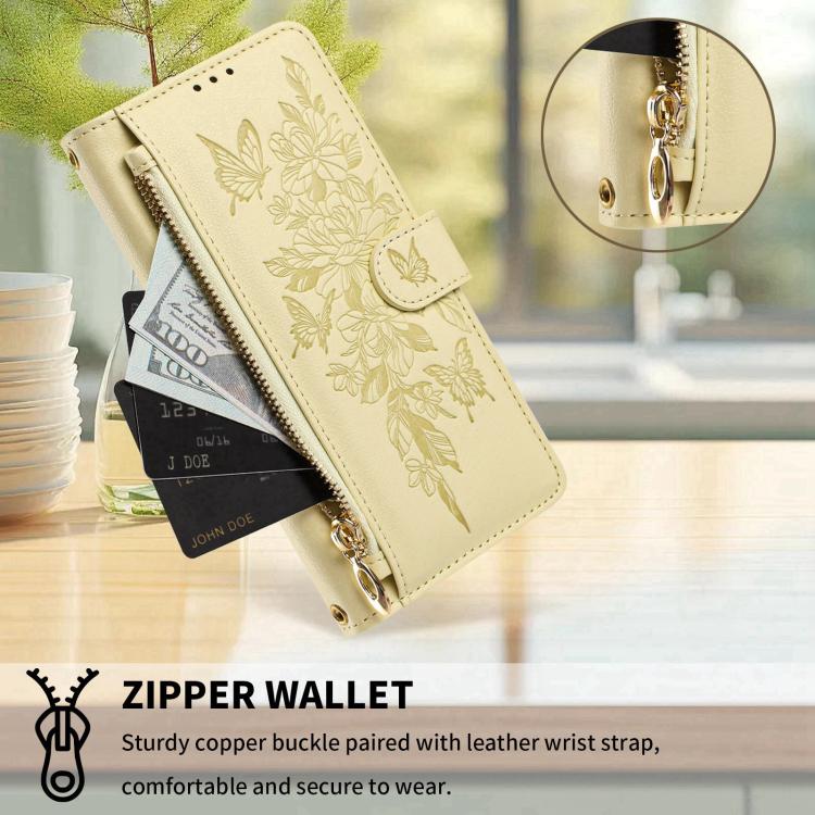 For Xiaomi 17 Pro 5G Butterfly Flower Zipper Wallet Vegan Leather Phone Case with Strap(Yellow) - Image 6