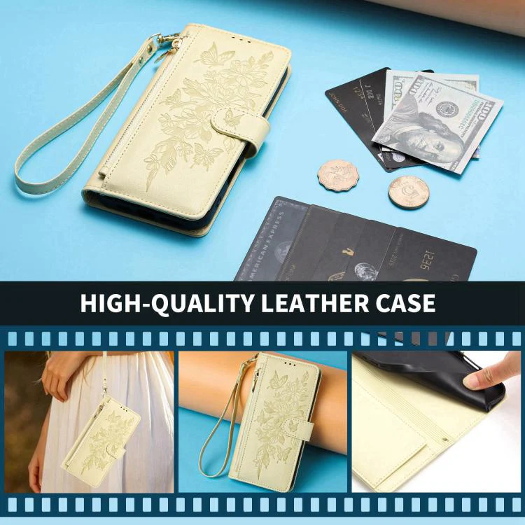 For Xiaomi 17 Pro 5G Butterfly Flower Zipper Wallet Vegan Leather Phone Case with Strap(Yellow) - Image 8